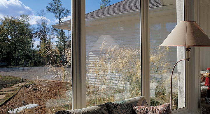 A window of a house from the inside with trees in the outside