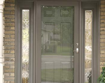 A view of the front gate if the house with a glass door in front.